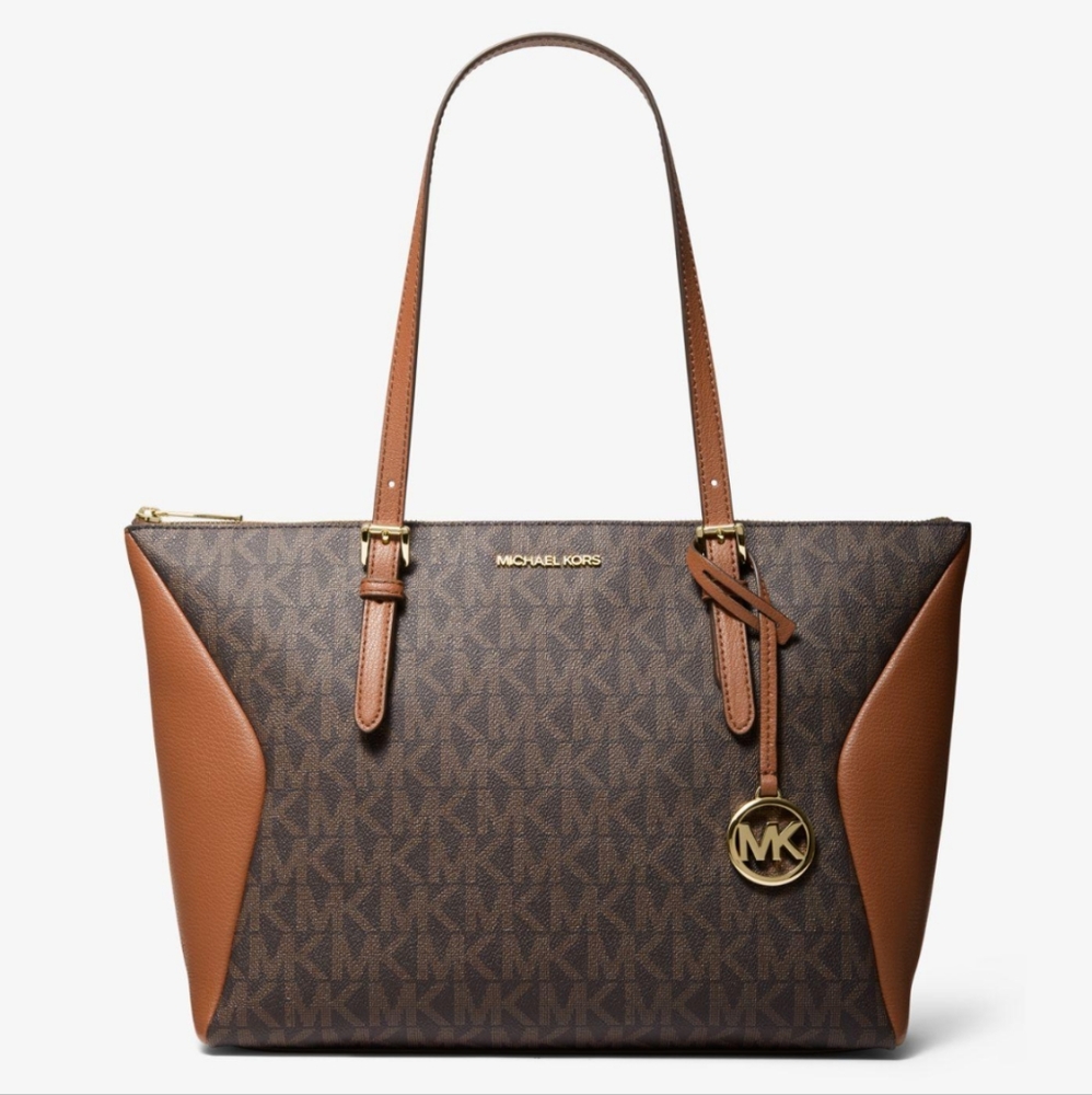 Michael Kors Coraline Tote Bag Signature Luggage Logo and Brown Leather